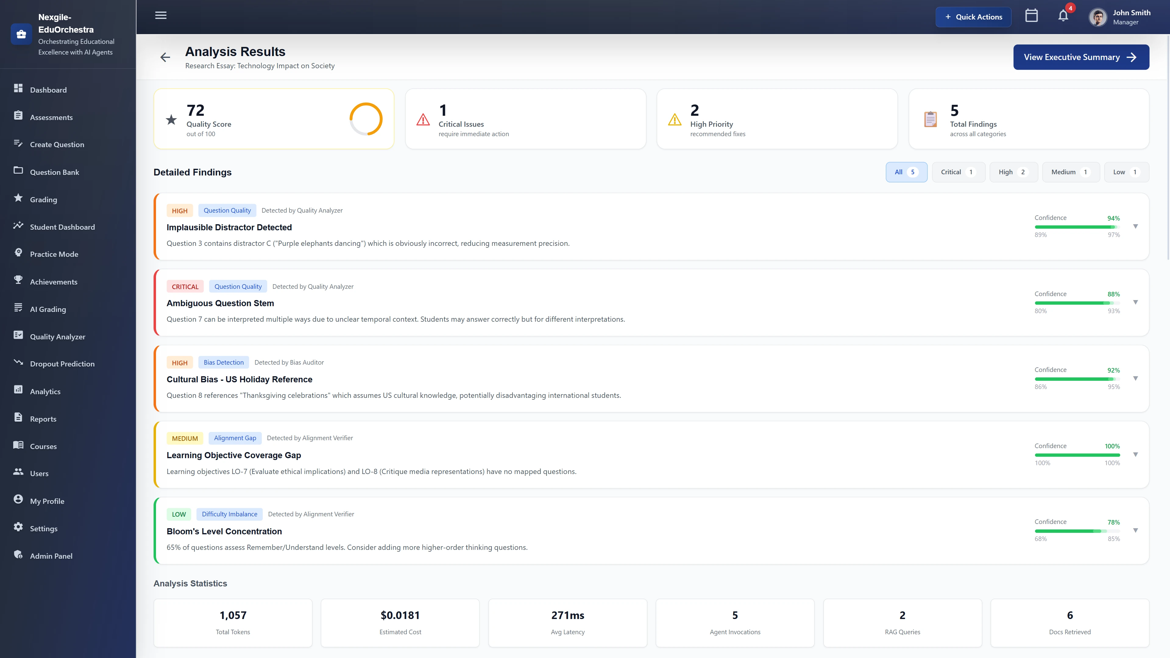 Analysis Results - Quality score with detailed findings including bias detection, alignment gaps, question quality issues, and analysis statistics